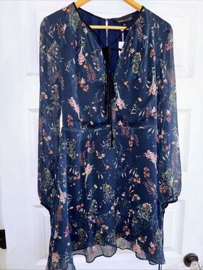 Adelyn Rae Anthropologie M Blue Floral Mini Dress Ruffle Balloon Sleeves Tie NWT